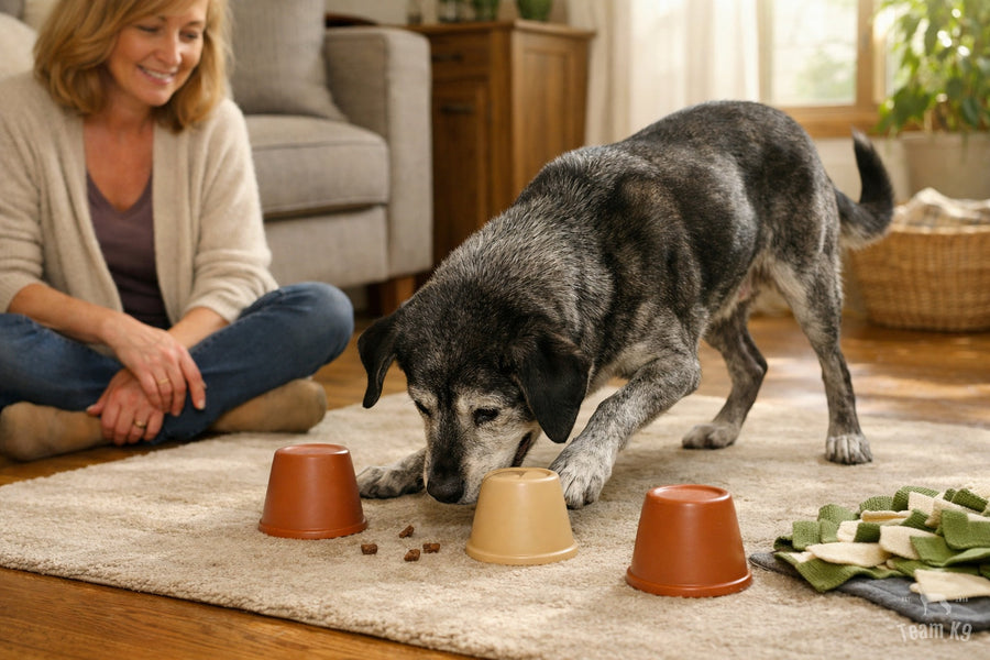 Gray-faced senior dog playing a simple cup treat-search game on a living room rug while its owner watches nearby