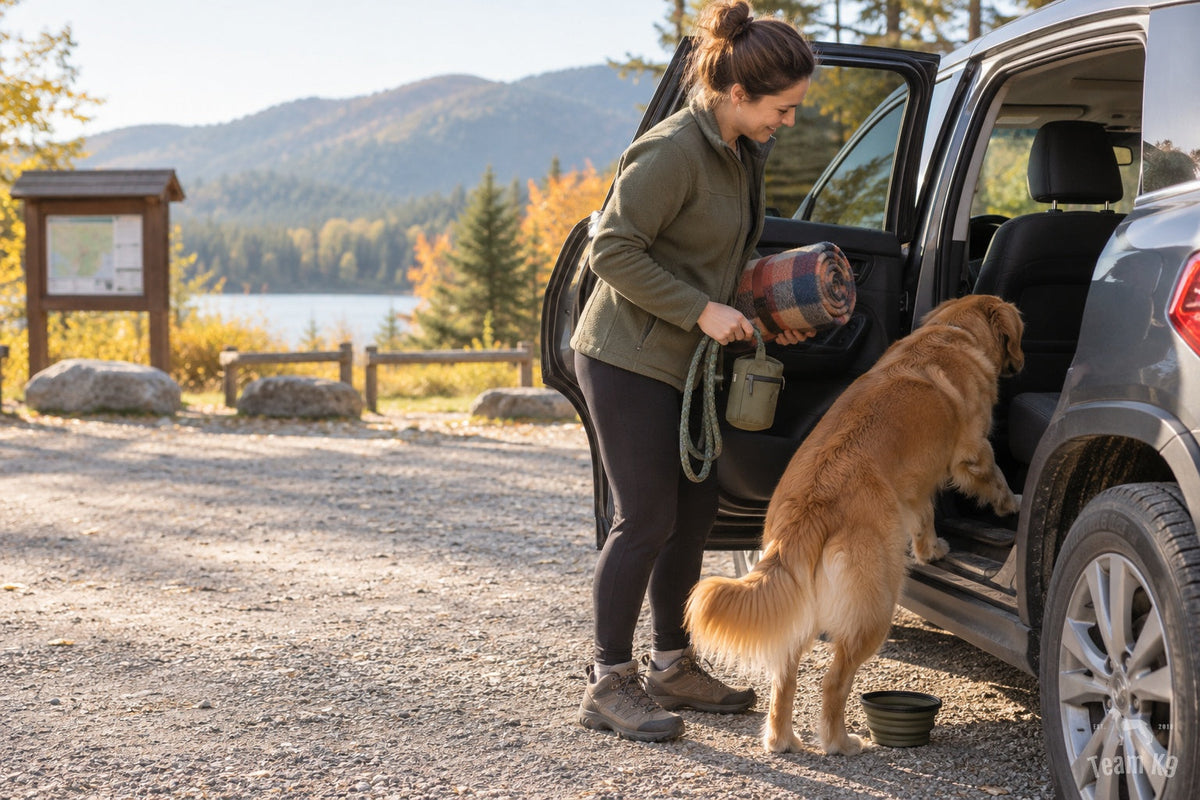 Dog owner loading a blanket, leash, water bowl, and travel pouch beside an SUV at a trailhead