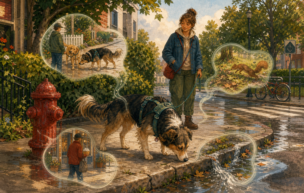 A warm storybook-style neighborhood walk scene showing a dog sniffing near a curb while scent trails reveal what changed between walks.