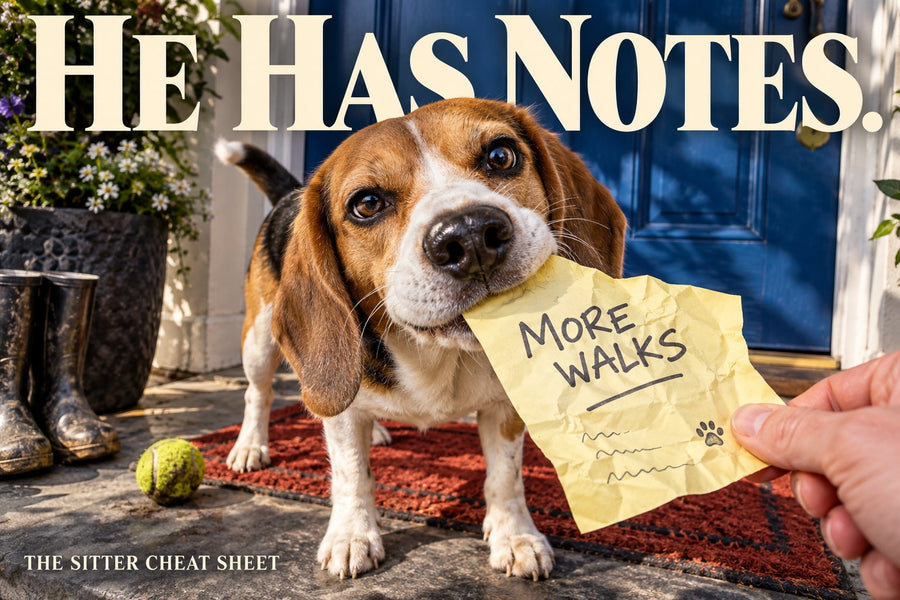 Illustrated beagle holds a sitter note asking for more walks while its owner reaches for it