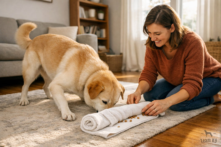 Dog owner setting up a towel sniff game on a living-room rug while a golden dog searches for kibble indoors