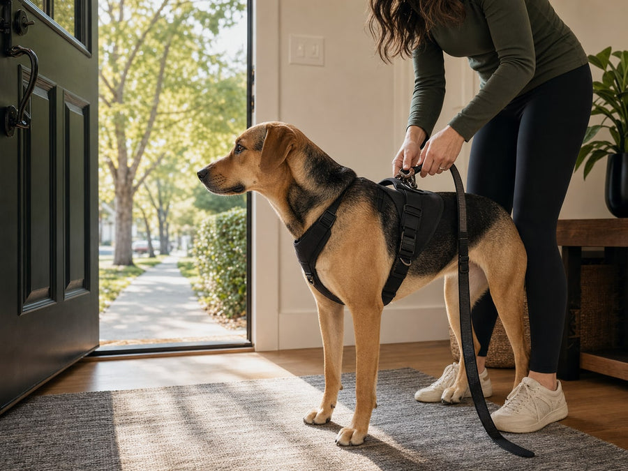 Dog in a harness waiting near an open front door before a walk