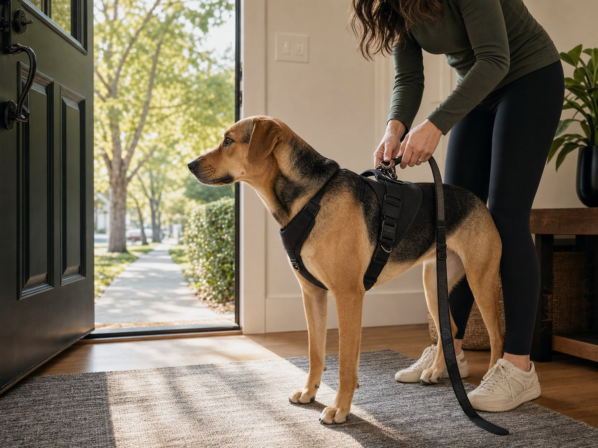 Dog in a harness waiting near an open front door before a walk