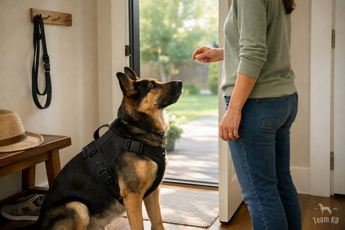 Dog owner practicing one calm doorway training rep with a medium-large dog in a dark tactical harness