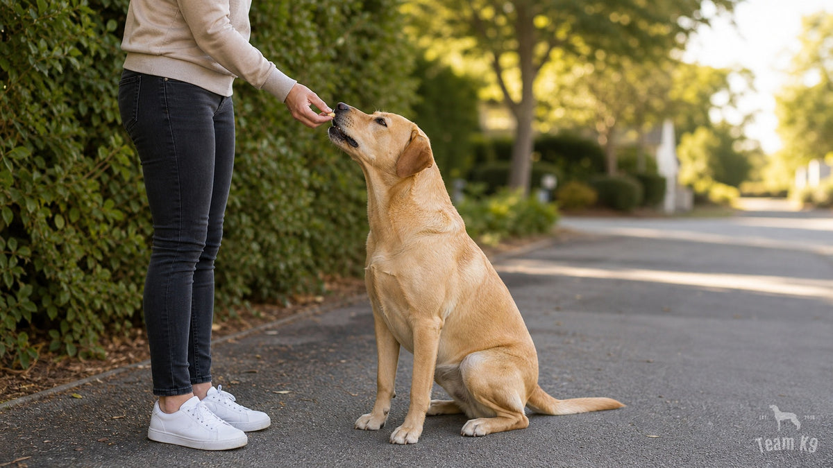 Dog owner testing treats outside during a focused training reset