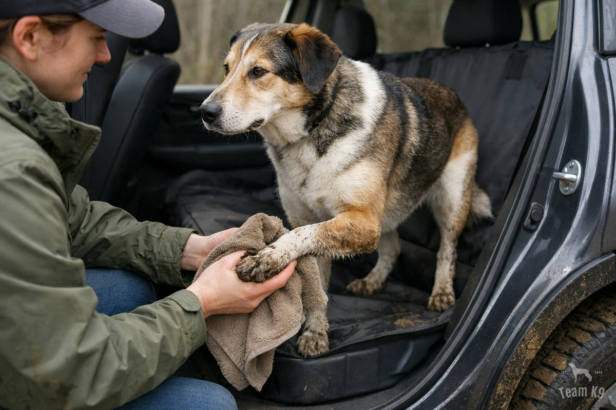 Dog owner wiping a muddy front paw with a towel before the dog fully reloads into an SUV with a protected back-seat cover