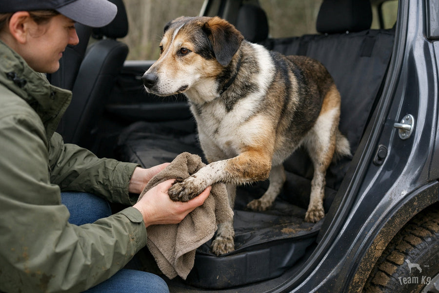 Dog owner wiping a muddy front paw with a towel before the dog fully reloads into an SUV with a protected back-seat cover