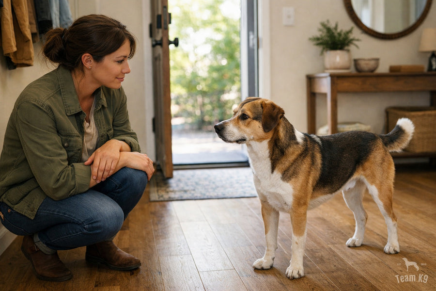 Dog owner pausing in an entryway while calmly reading a medium-size dog's tail and body language before a greeting