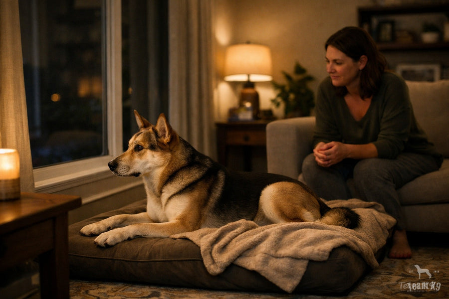 Dog resting near a living-room window at night while staying alert to outside sounds and a calm owner keeps the room quiet