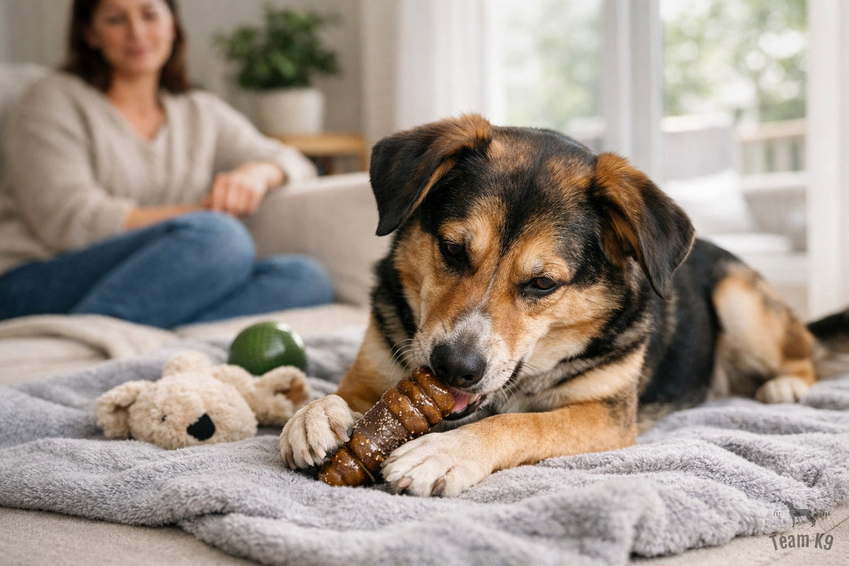 Dog resting on a blanket with a safe chew toy nearby while an owner keeps the room calm and low-pressure