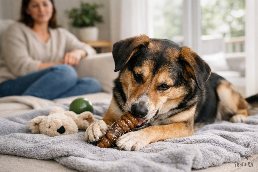 Dog resting on a blanket with a safe chew toy nearby while an owner keeps the room calm and low-pressure