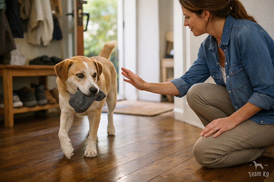 Dog carrying a sock near an entryway while a calm dog owner redirects without chasing