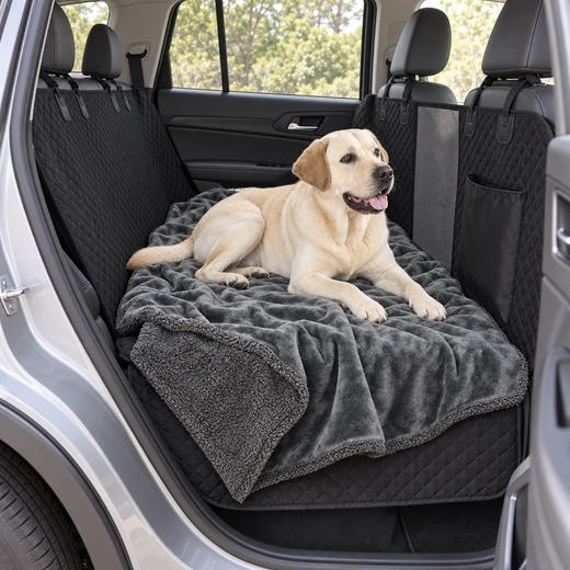 Yellow Labrador resting on the gray fleece and sherpa blanket over a black car seat cover in a parked SUV.