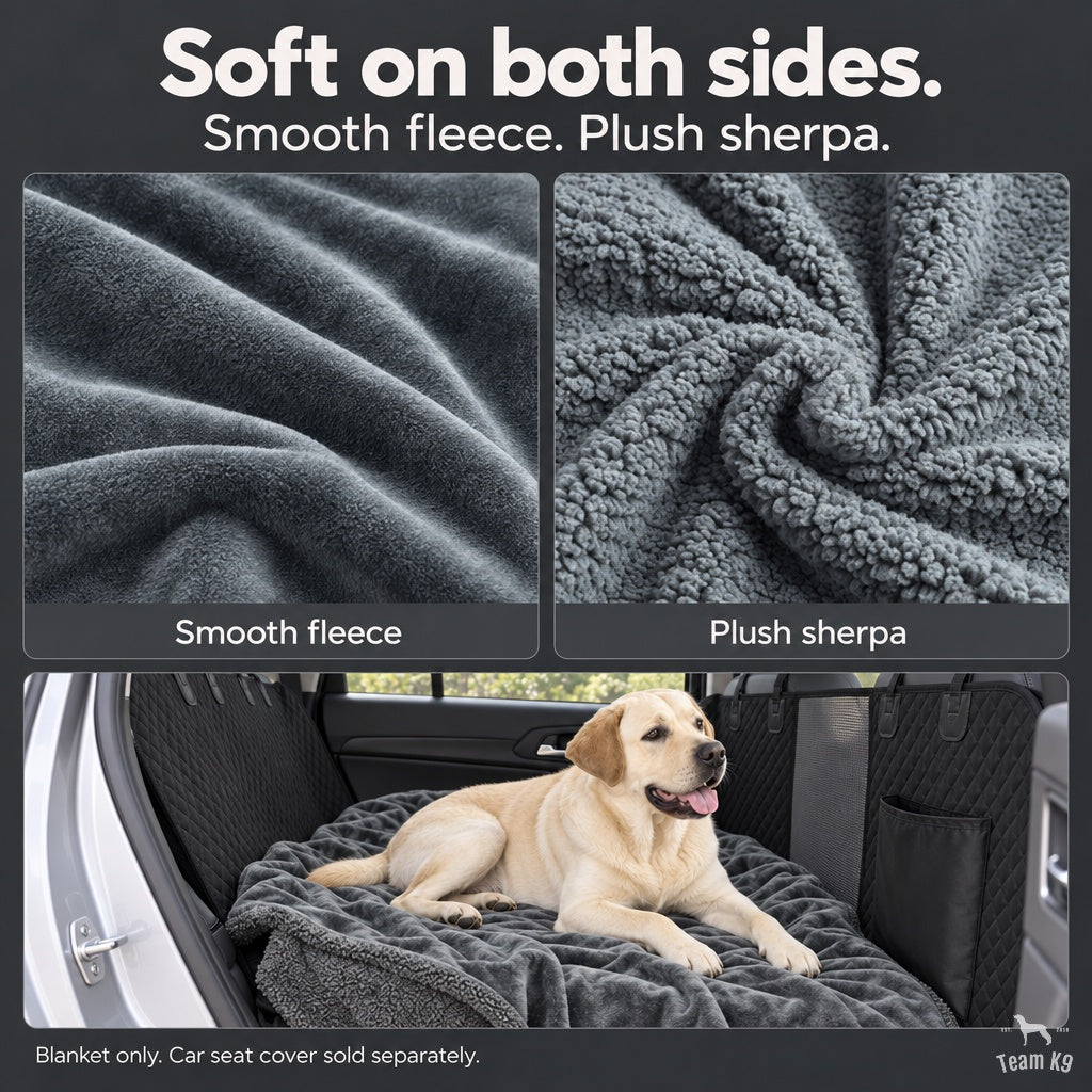 The actual gray fleece and sherpa fabric surfaces with an in-car use inset.