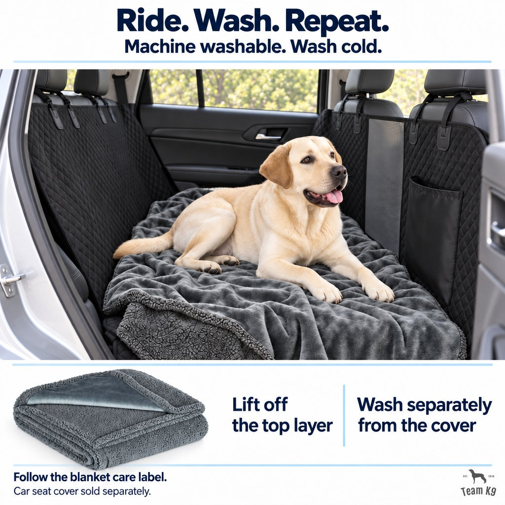 Removable backseat blanket with machine-wash-cold care guidance.