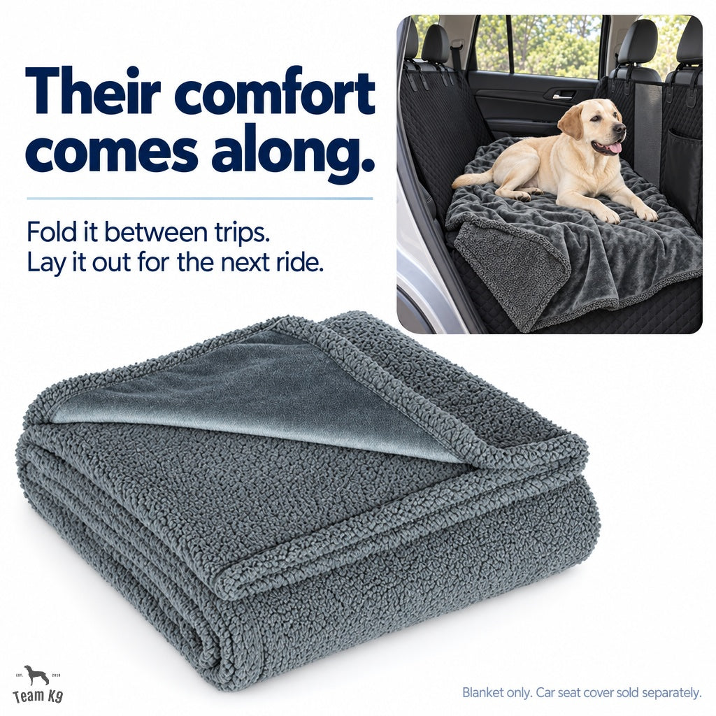 Folded fleece and sherpa blanket with a backseat use inset.