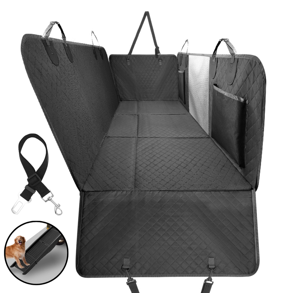 NEW Waterproof Hard Bottom Car & Truck Seat Foldable Hammock Cover With Storage Pockets, Side Flaps, Headrest Straps, Seat Anchors, & Mesh Window (+FREE SAFETY BELT!)
