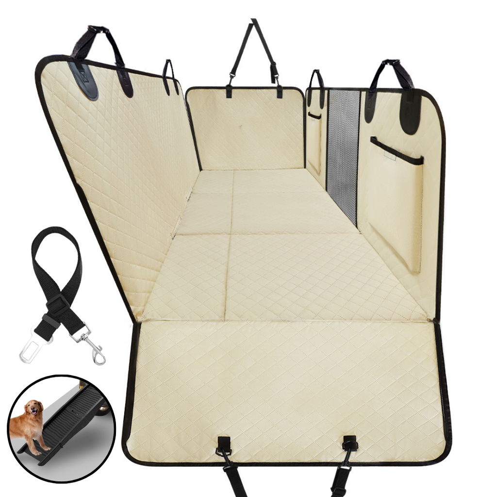 NEW Waterproof Hard Bottom Car & Truck Seat Foldable Hammock Cover With Storage Pockets, Side Flaps, Headrest Straps, Seat Anchors, & Mesh Window (+FREE SAFETY BELT!)