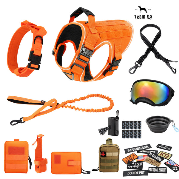 10-In-1 Tactical K9 Harness System - Full Harness Bundle (Includes: Tactical No-Pull Dog Harness + Bungee Leash + Collar + MOLLE Pouches + First Aid Kit + 12 Hook & Loop Patches + Dog Goggles + Safety Belt + Travel Water Bowl + Dog Waste Bags & Pouch)