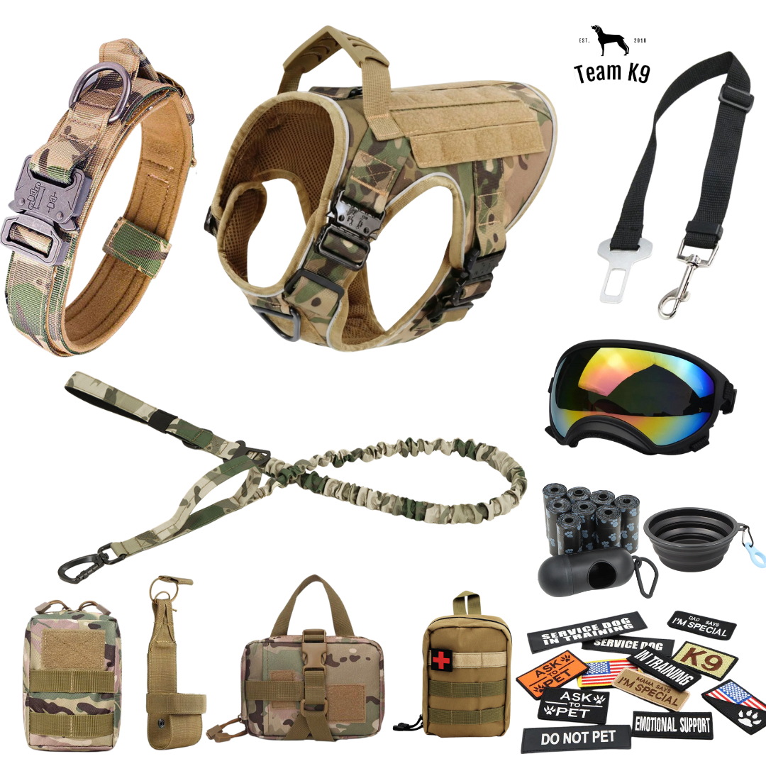 NEW Upgraded Tactical No-Pull Team K9™ Dog Harness with 4 Quick-Release Metal Buckles, Reinforced Front & Back V-Rings, Hook & Loop Panels, Adjustable Straps, Reflective Strips, & Top Handle