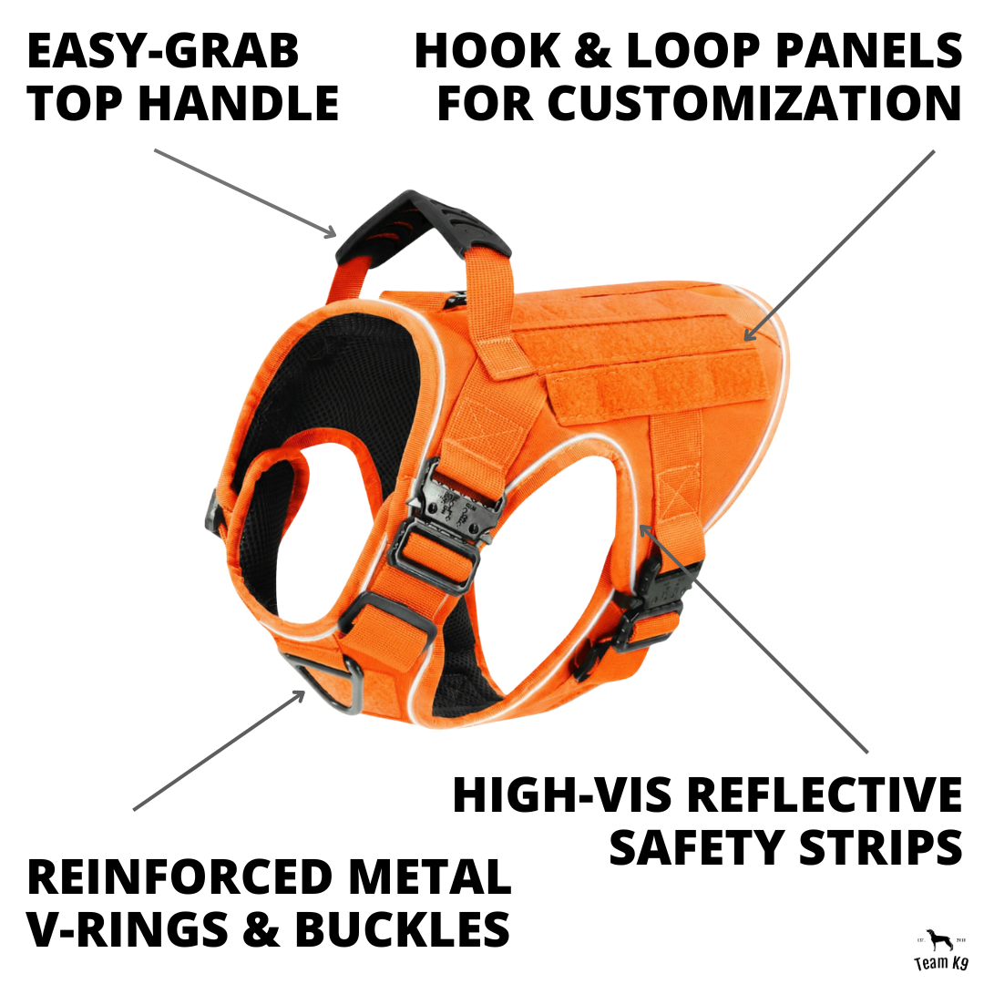 NEW Upgraded Tactical No-Pull Team K9™ Dog Harness with 4 Quick-Release Metal Buckles, Reinforced Front & Back V-Rings, Hook & Loop Panels, Adjustable Straps, Reflective Strips, & Top Handle