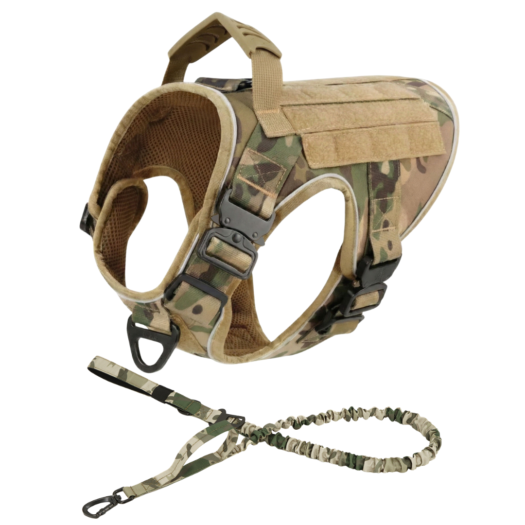 NEW Upgraded Tactical No-Pull Team K9™ Dog Harness with 4 Quick-Release Metal Buckles, Reinforced Front & Back V-Rings, Hook & Loop Panels, Adjustable Straps, Reflective Strips, & Top Handle