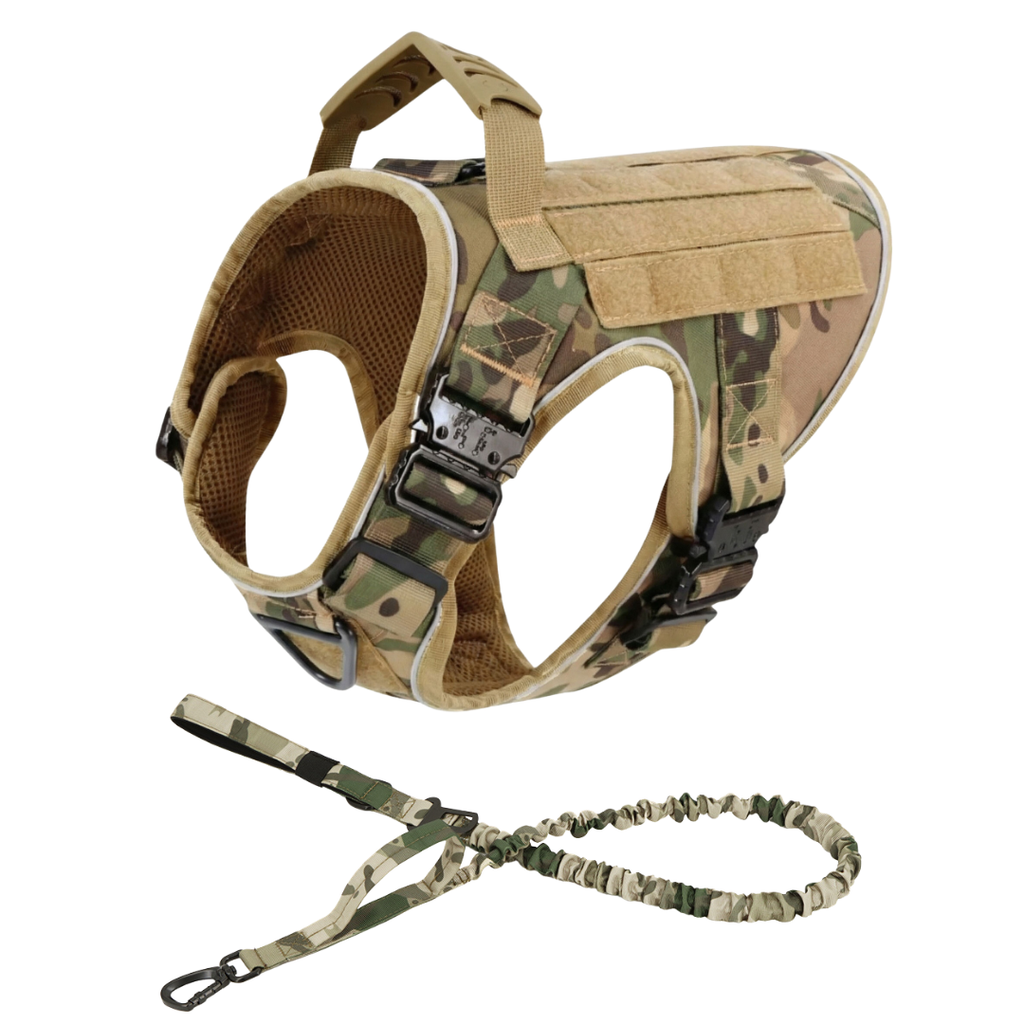 NEW Upgraded Tactical No-Pull Team K9™ Dog Harness with 4 Quick-Release Metal Buckles, Reinforced Front & Back V-Rings, Hook & Loop Panels, Adjustable Straps, Reflective Strips, & Top Handle