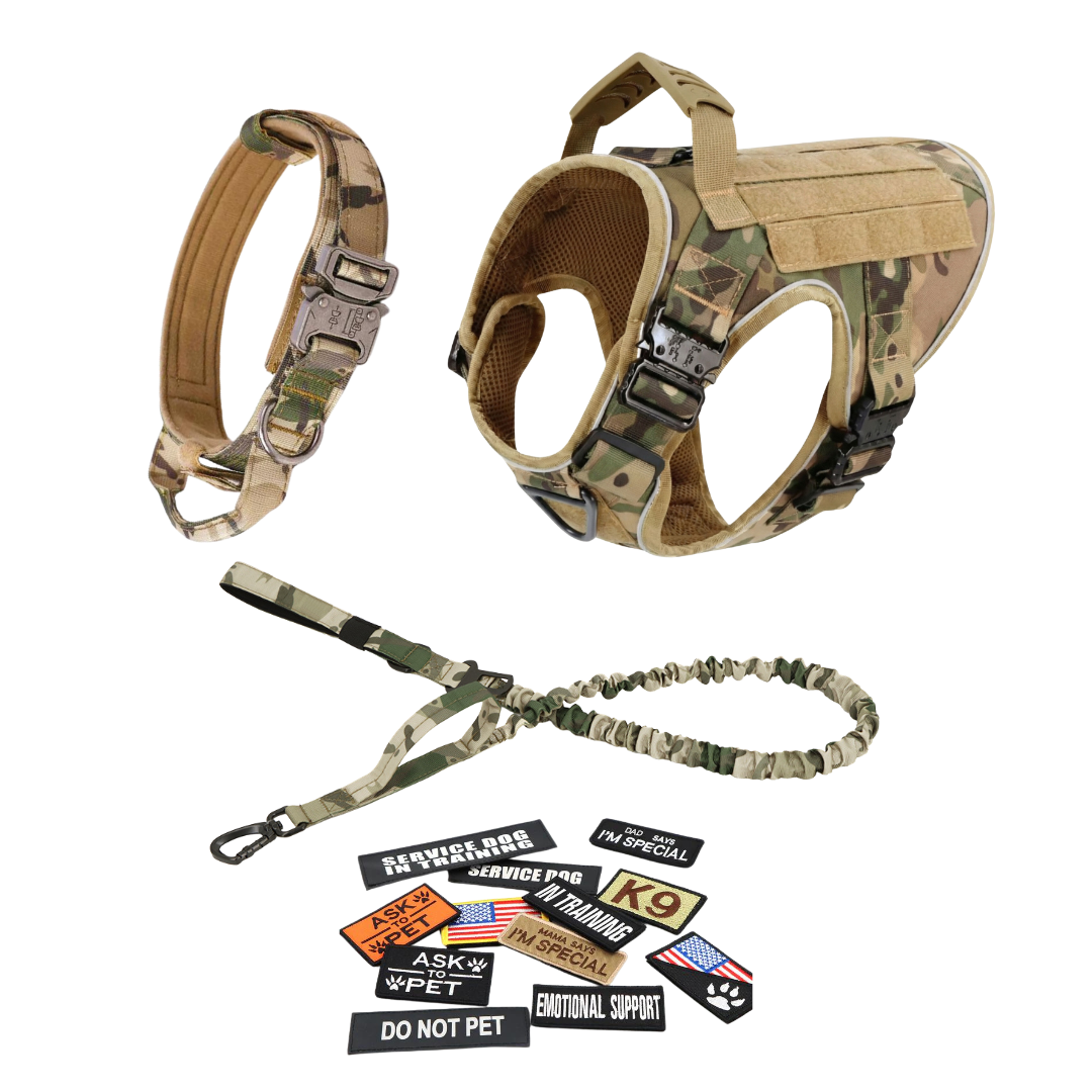 NEW Upgraded Tactical No-Pull Team K9™ Dog Harness with 4 Quick-Release Metal Buckles, Reinforced Front & Back V-Rings, Hook & Loop Panels, Adjustable Straps, Reflective Strips, & Top Handle