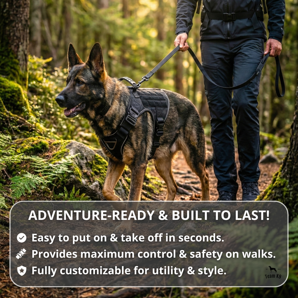 NEW Upgraded Tactical No-Pull Team K9™ Dog Harness with 4 Quick-Release Metal Buckles, Reinforced Front & Back V-Rings, Hook & Loop Panels, Adjustable Straps, Reflective Strips, & Top Handle