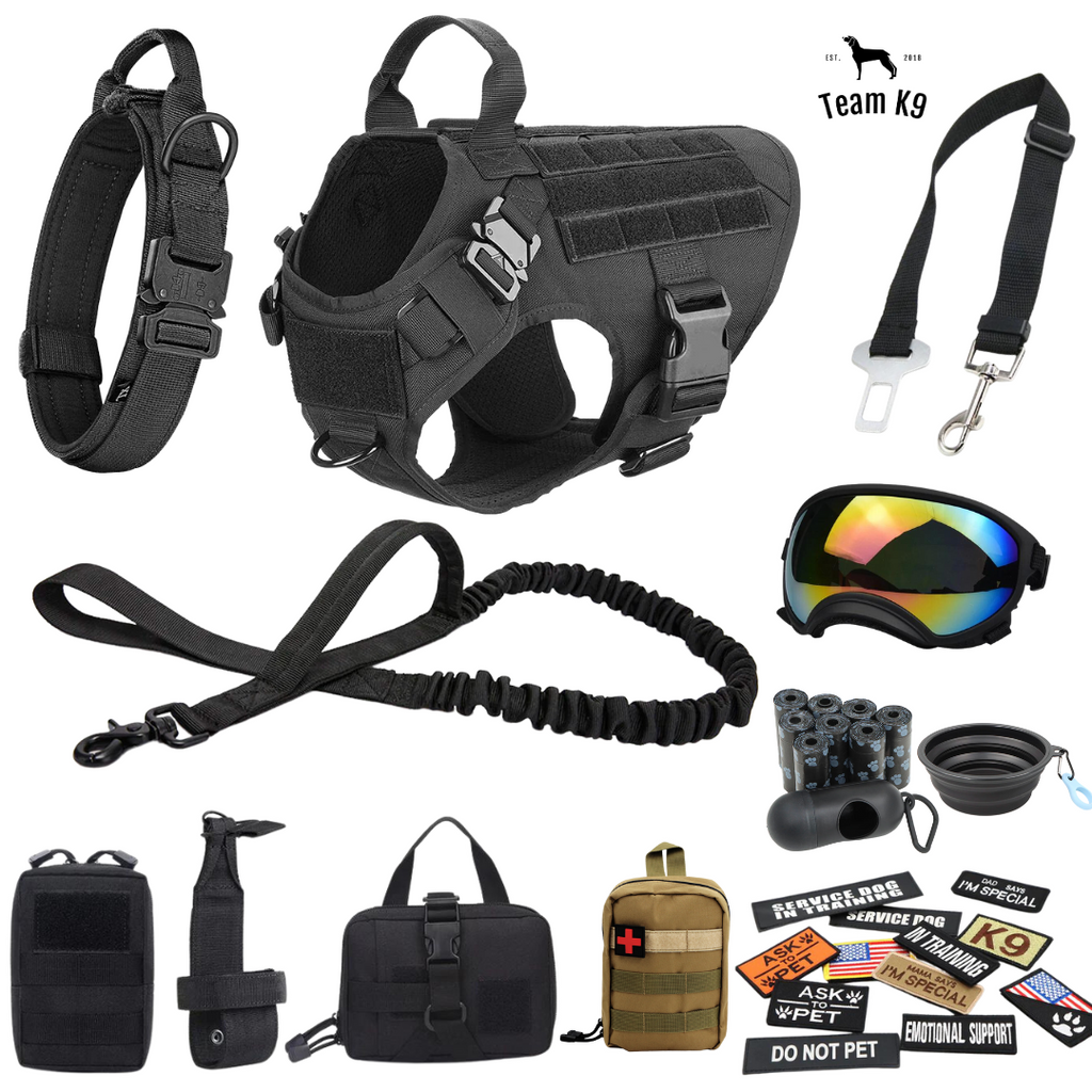 10-In-1 Tactical K9 Harness System - Full Set Dog Harness Bundle (Includes: Tactical No-Pull Dog Harness + Bungee Leash + Collar + MOLLE Pouches + First Aid Kit + 12 Hook & Loop Patches + Dog Goggles + Safety Belt + Travel Water Bowl + Dog Waste Bags)