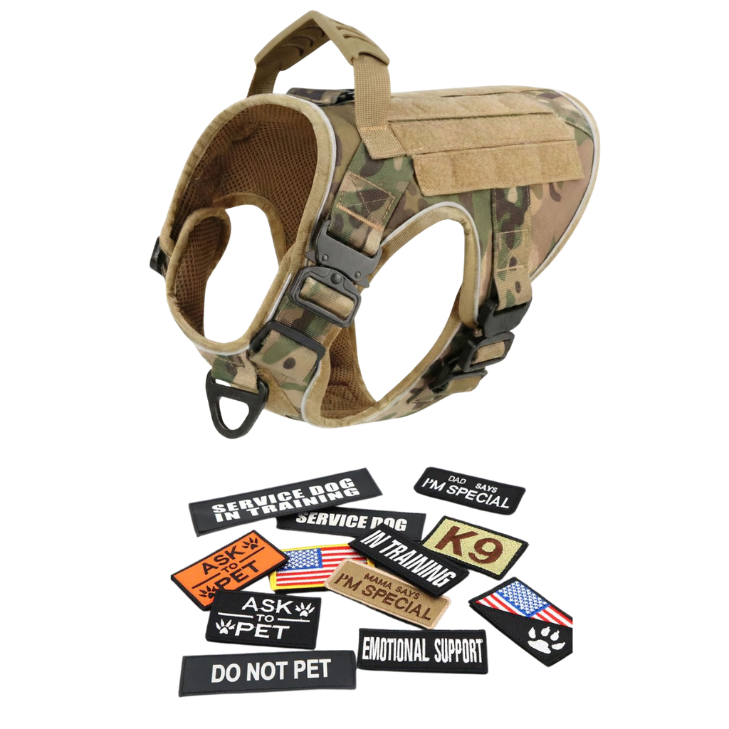 NEW Upgraded Tactical No-Pull Team K9™ Dog Harness with 4 Quick-Release Metal Buckles, Reinforced Front & Back V-Rings, Hook & Loop Panels, Adjustable Straps, Reflective Strips, & Top Handle