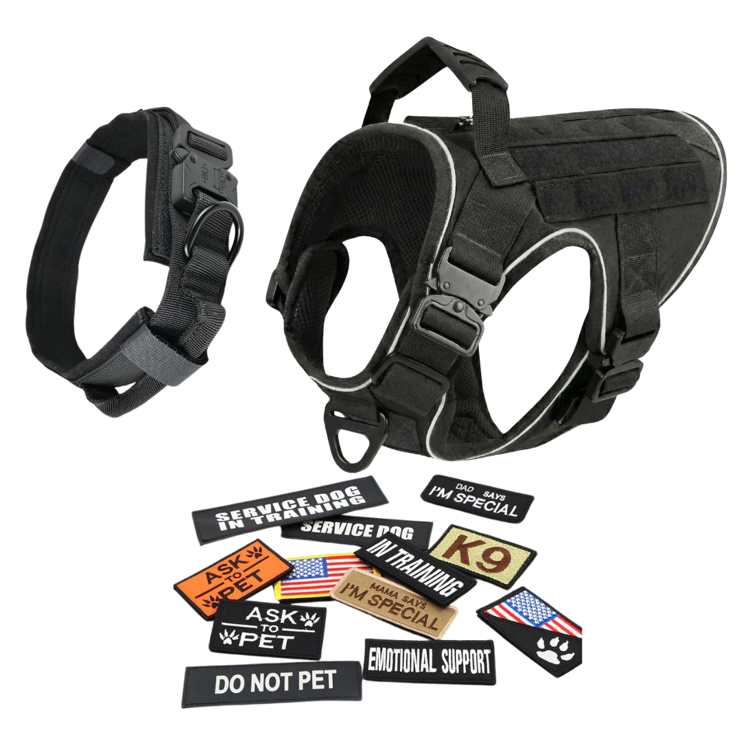 NEW Upgraded Tactical No-Pull Team K9™ Dog Harness with 4 Quick-Release Metal Buckles, Reinforced Front & Back V-Rings, Hook & Loop Panels, Adjustable Straps, Reflective Strips, & Top Handle