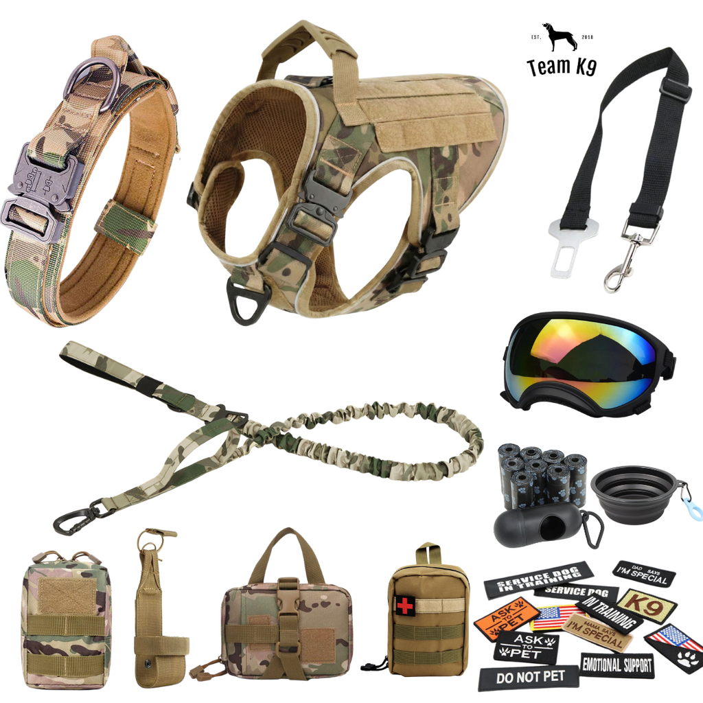 NEW Upgraded Tactical No-Pull Team K9™ Dog Harness with 4 Quick-Release Metal Buckles, Reinforced Front & Back V-Rings, Hook & Loop Panels, Adjustable Straps, Reflective Strips, & Top Handle