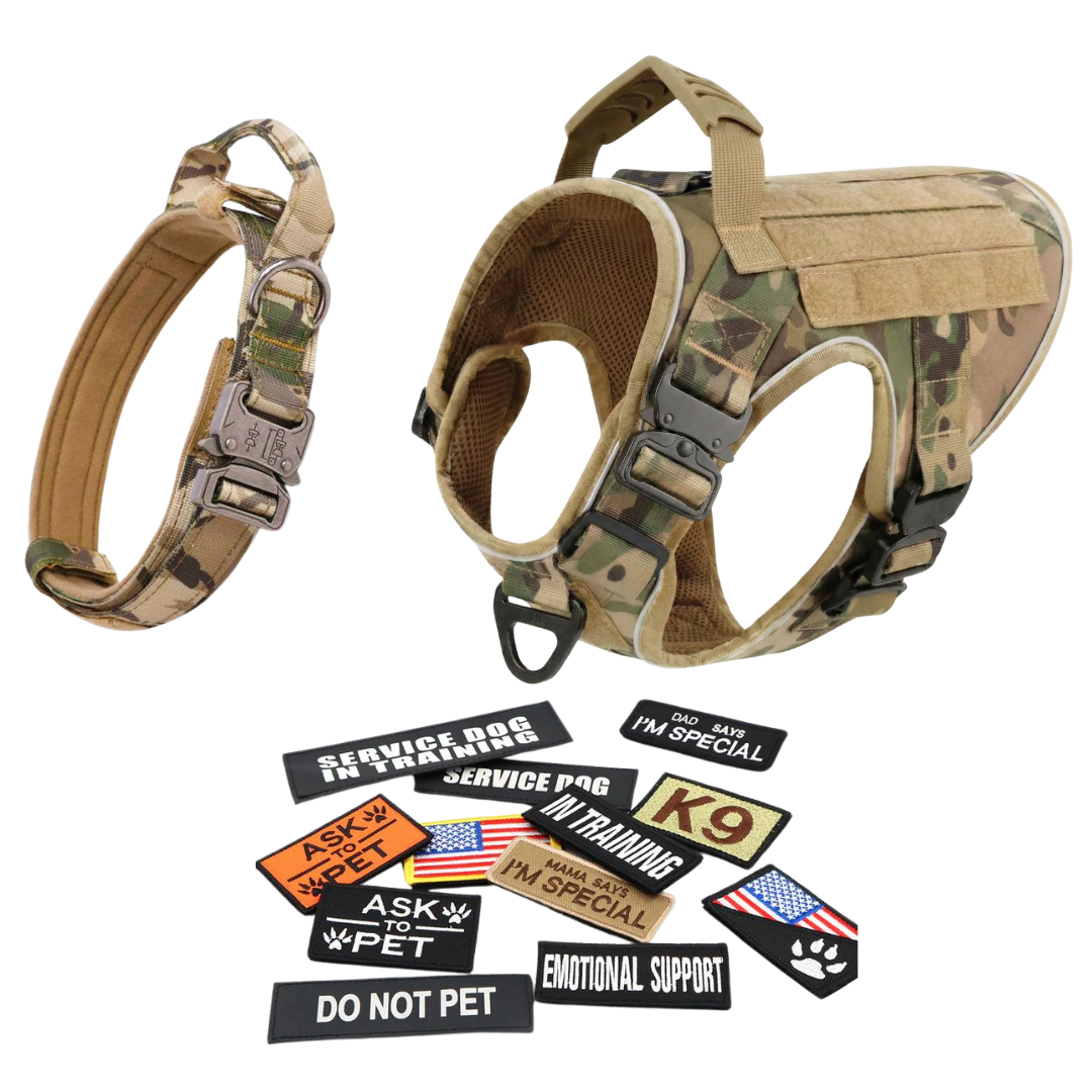 NEW Upgraded Tactical No-Pull Team K9™ Dog Harness with 4 Quick-Release Metal Buckles, Reinforced Front & Back V-Rings, Hook & Loop Panels, Adjustable Straps, Reflective Strips, & Top Handle