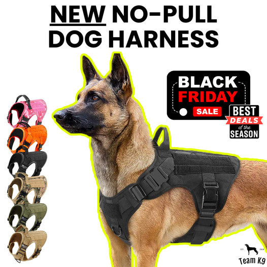 NEW Upgraded Tactical No-Pull Team K9™ Dog Harness with 4 Quick-Release Metal Buckles, Reinforced Front & Back D-Rings, Hook & Loop Panels, Adjustable Straps, Reflective Strips, & Top Handle