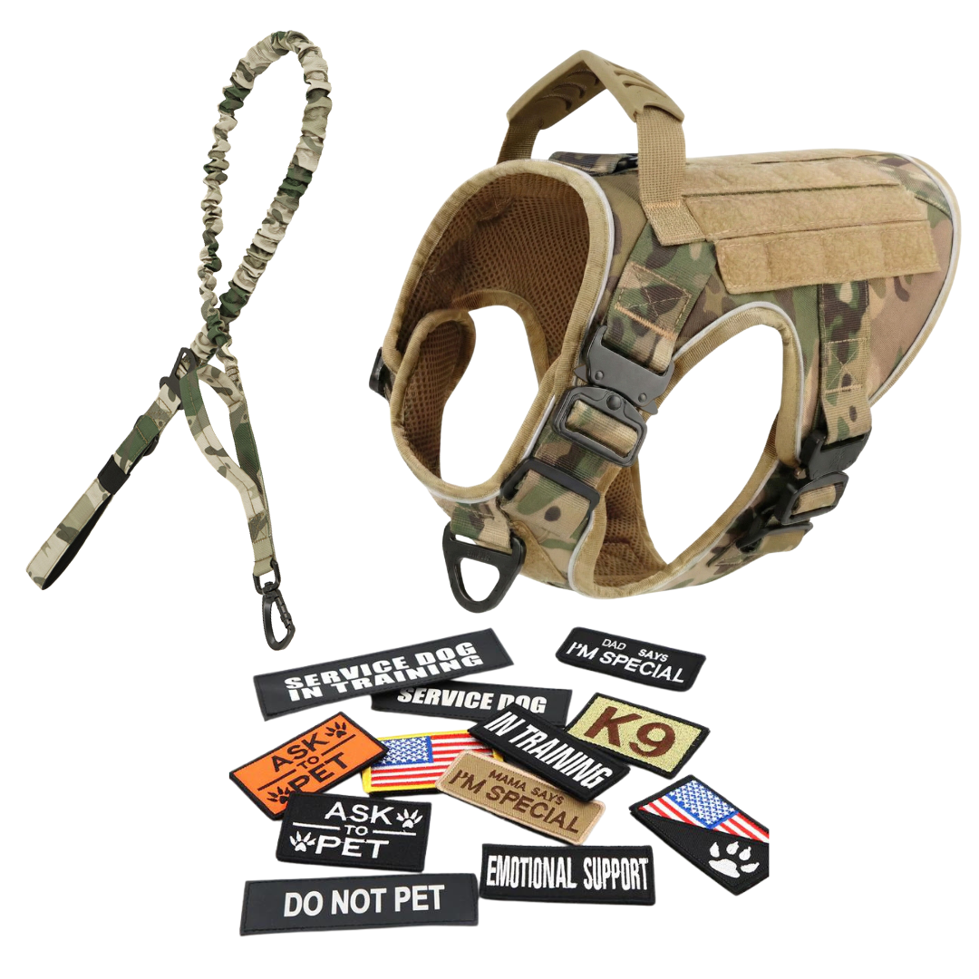 NEW Upgraded Tactical No-Pull Team K9™ Dog Harness with 4 Quick-Release Metal Buckles, Reinforced Front & Back V-Rings, Hook & Loop Panels, Adjustable Straps, Reflective Strips, & Top Handle