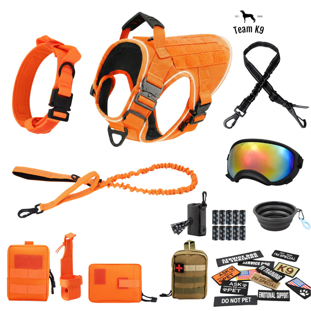 10-In-1 Tactical K9 Harness System - Full Harness Bundle (Includes: Tactical No-Pull Dog Harness + Bungee Leash + Collar + MOLLE Pouches + First Aid Kit + 12 Hook & Loop Patches + Dog Goggles + Safety Belt + Travel Water Bowl + Dog Waste Bags & Pouch)