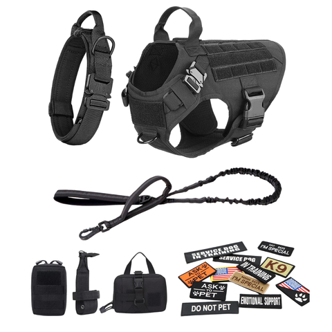 Harness + Bungee Leash + Tactical Collar + 12 Patch Bundle + MOLLE Pouches