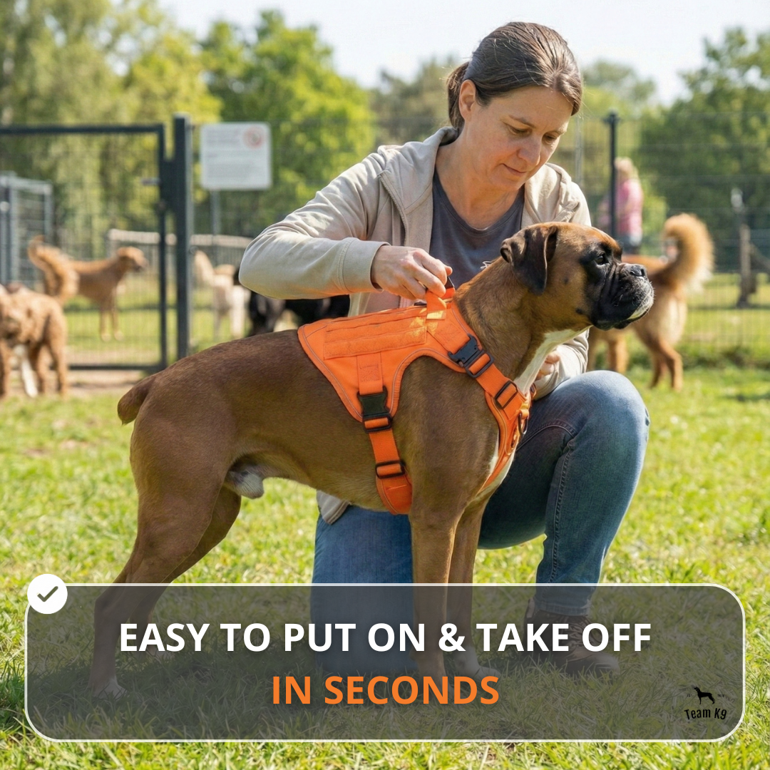 NEW Upgraded Tactical No-Pull Team K9™ Dog Harness with 4 Quick-Release Metal Buckles, Reinforced Front & Back V-Rings, Hook & Loop Panels, Adjustable Straps, Reflective Strips, & Top Handle
