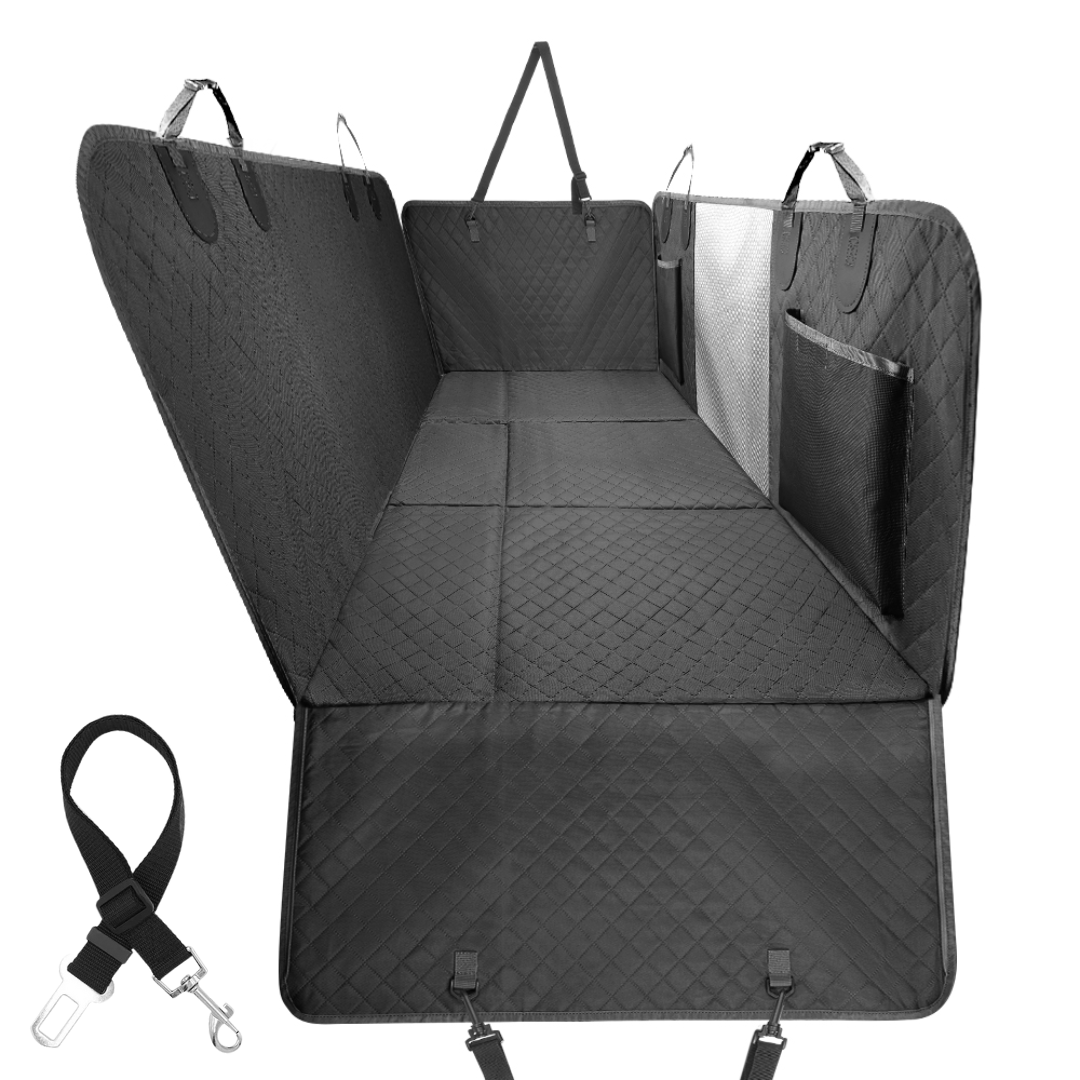 NEW Waterproof Hard Bottom Car & Truck Seat Foldable Hammock Cover With Storage Pockets, Side Flaps, Headrest Straps, Seat Anchors, & Mesh Window (+FREE SAFETY BELT!)