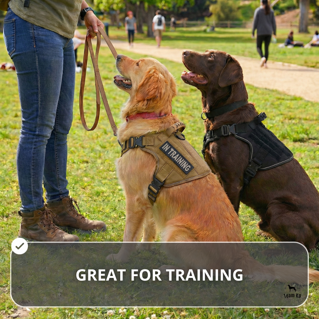 NEW Upgraded Tactical No-Pull Team K9™ Dog Harness with 4 Quick-Release Metal Buckles, Reinforced Front & Back V-Rings, Hook & Loop Panels, Adjustable Straps, Reflective Strips, & Top Handle