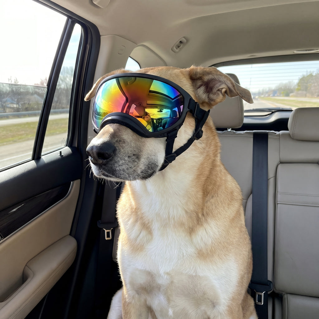 Team K9 Dog Goggles - road dog wearing goggles in a backseat