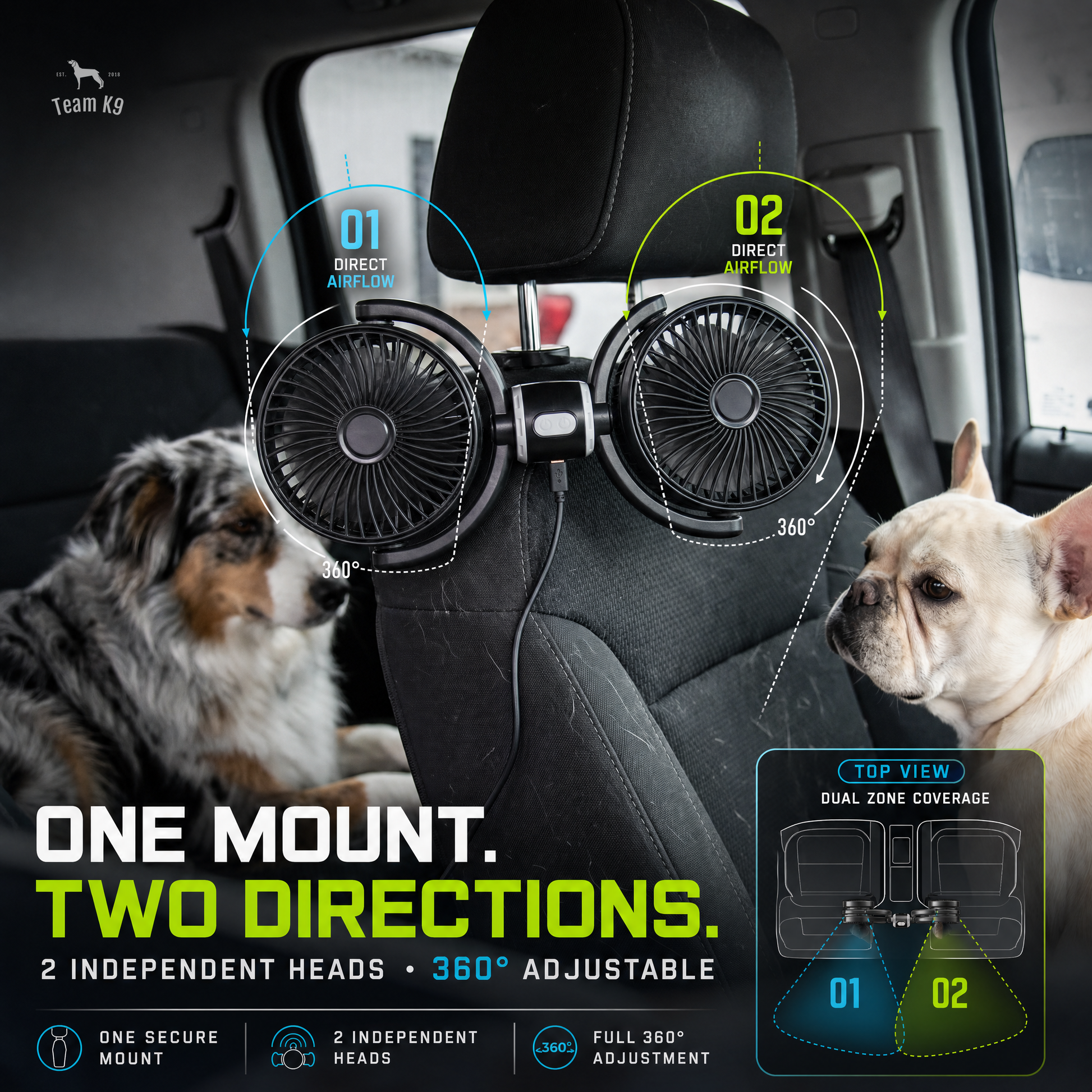 TK9 Swipe Story tk9-pdp-swipe-story-20260716 | dual-headrest-cooling-fans-usb-a | 03 | One mount, two directions