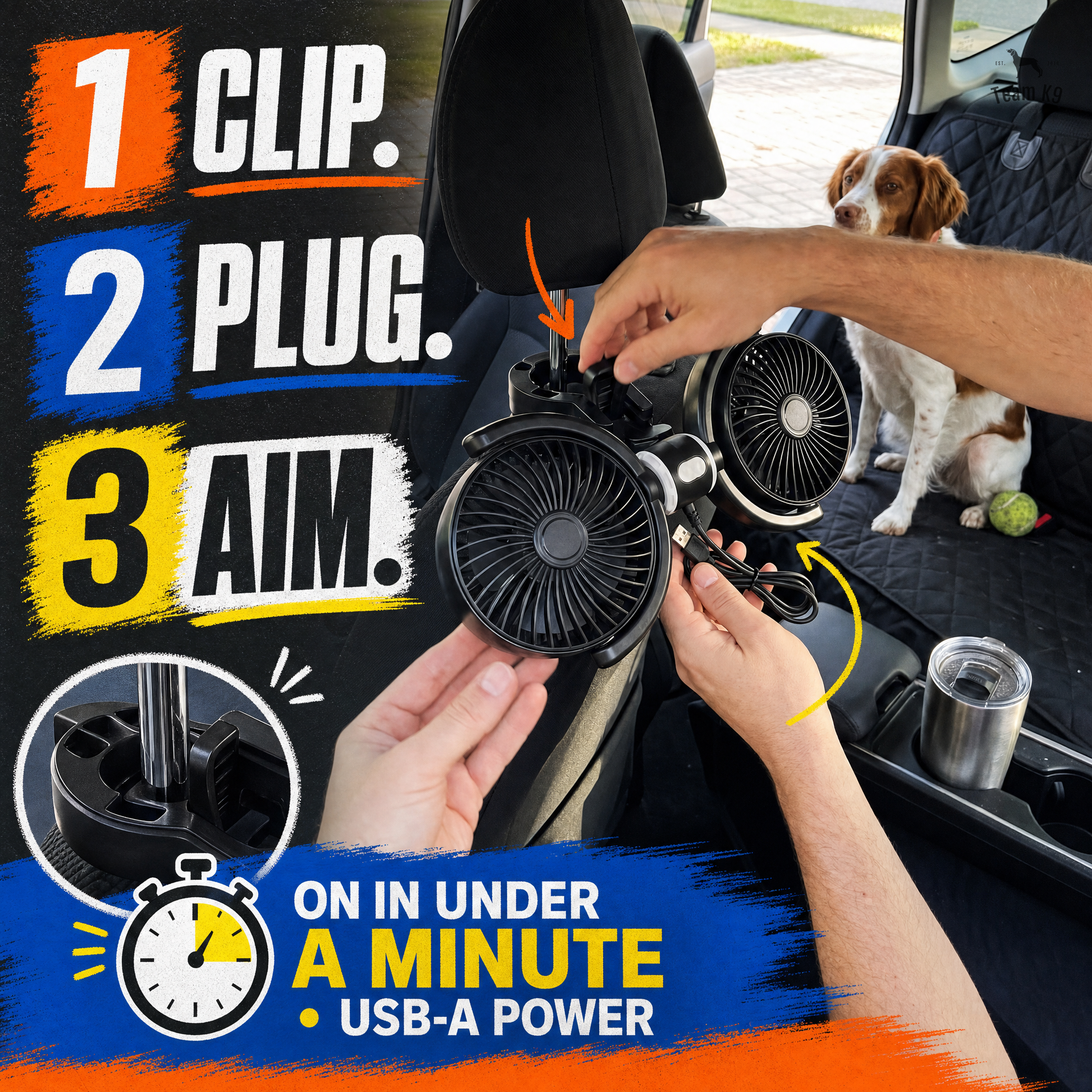 TK9 Swipe Story tk9-pdp-swipe-story-20260716 | dual-headrest-cooling-fans-usb-a | 05 | Clip, plug, aim