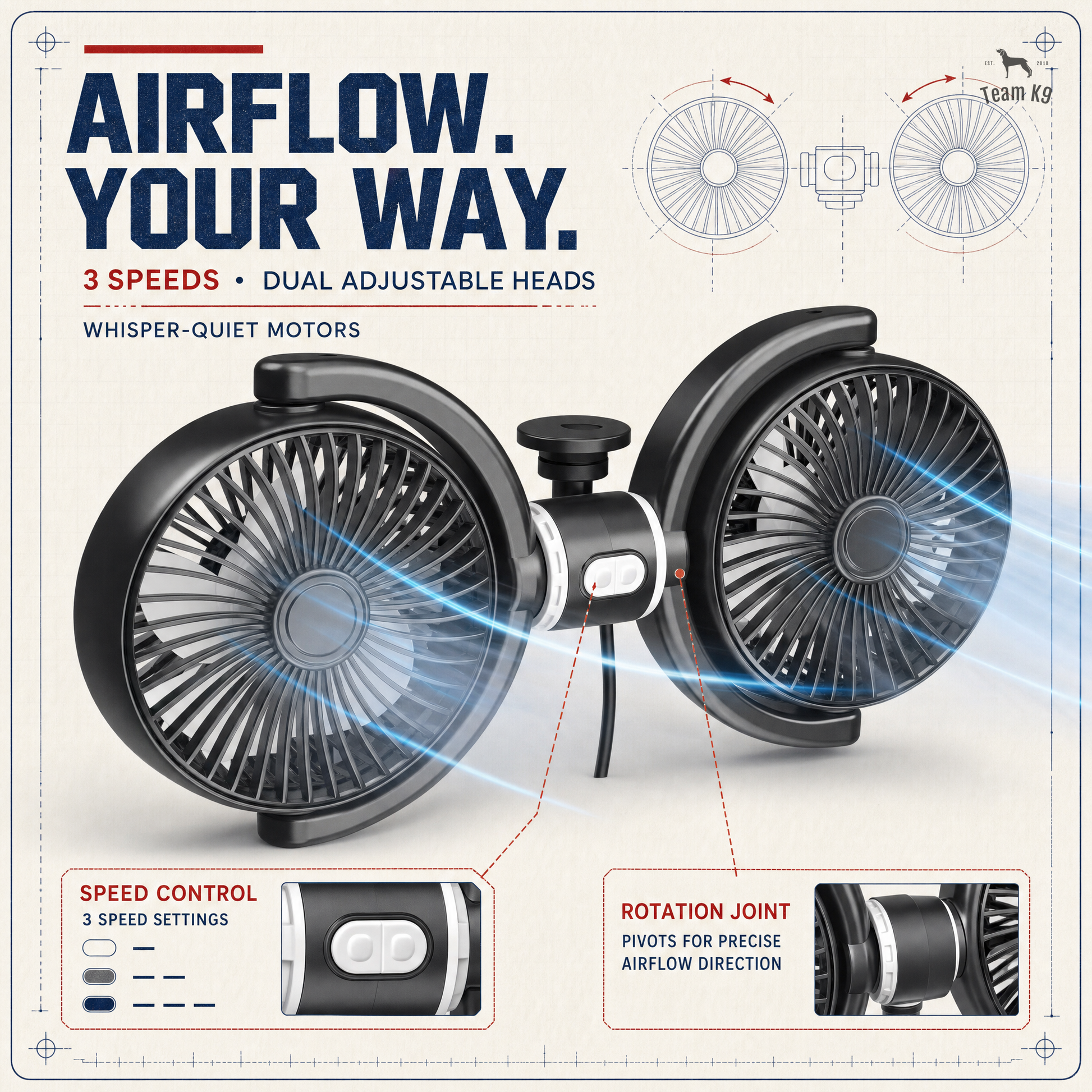 TK9 Swipe Story tk9-pdp-swipe-story-20260716 | dual-headrest-cooling-fans-usb-a | 04 | Three airflow speeds