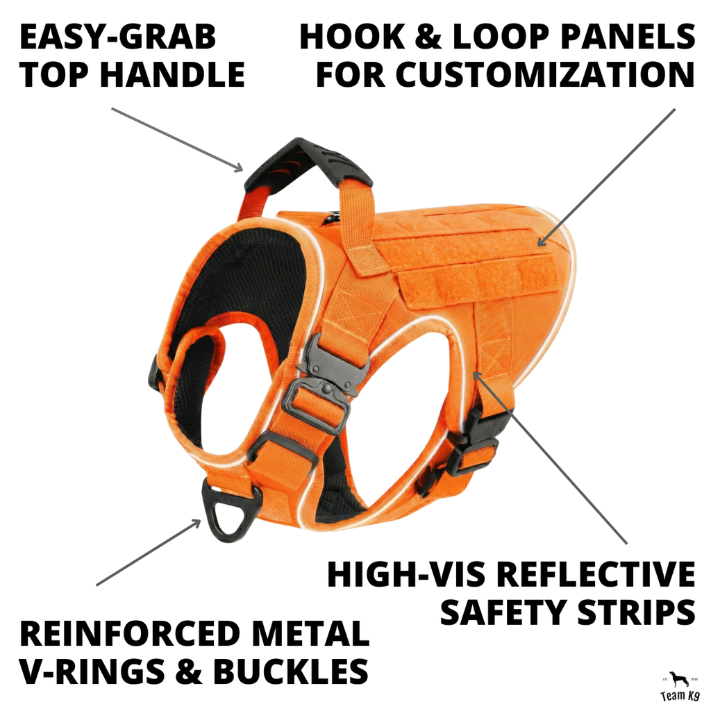NEW Extra-Small Upgraded Tactical No-Pull Team K9™ Dog Harness with 4 Quick-Release Metal Buckles, Reinforced Front & Back V-Rings, Hook & Loop Panels, Adjustable Straps, Reflective Strips, & Top Handle (Fits Dogs 15 - 25 LBS.)