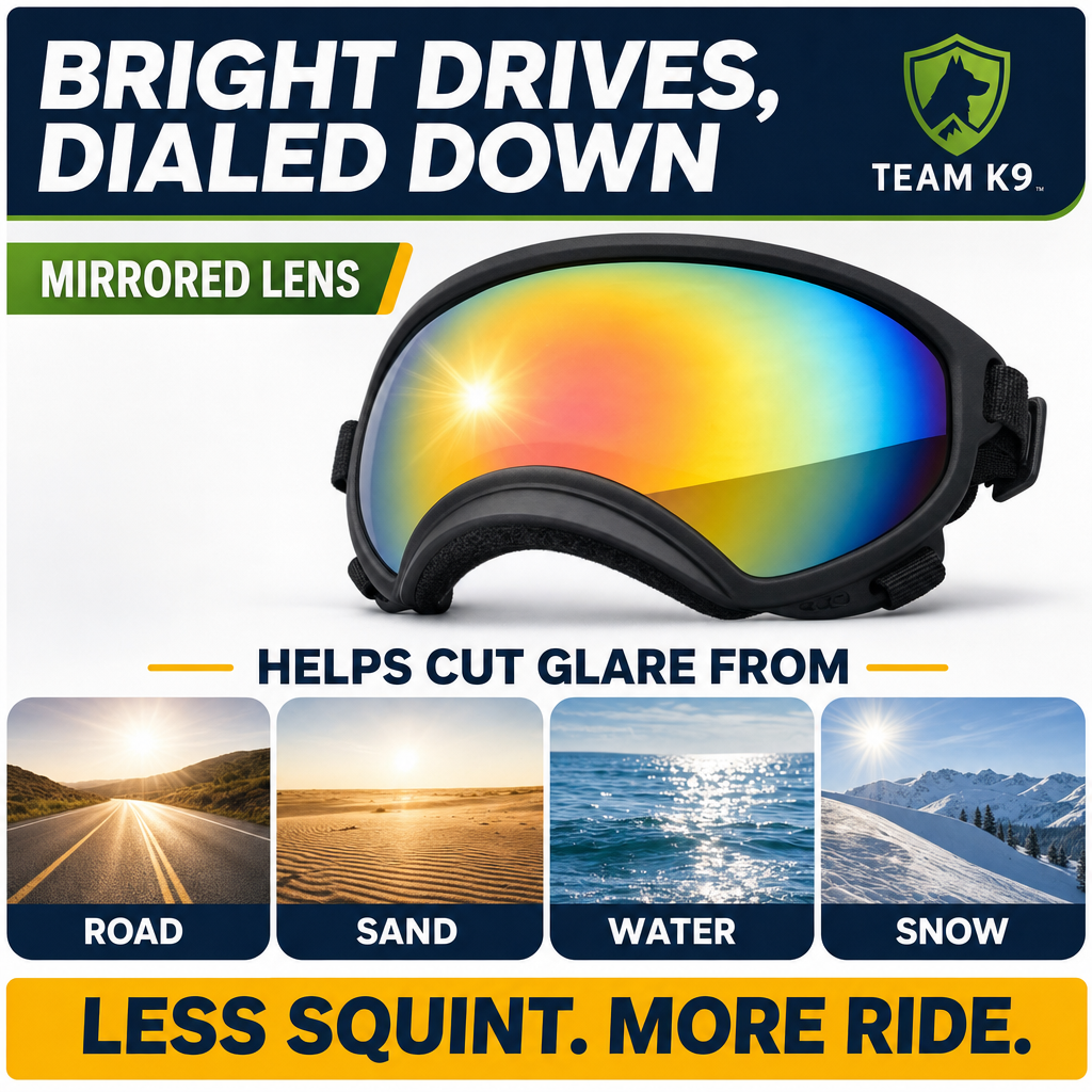 Team K9 Dog Goggles - mirrored lens helps cut glare from road, sand, water, and snow
