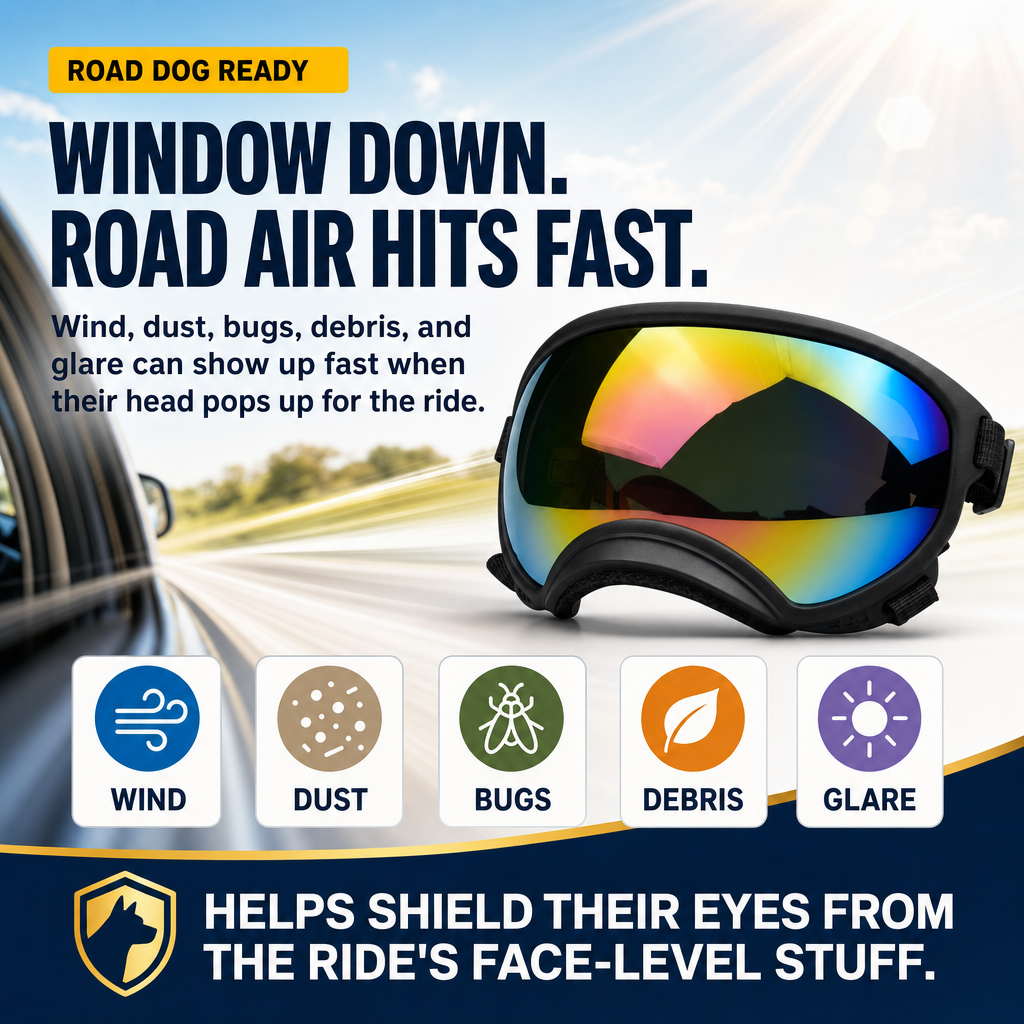 Team K9 Dog Goggles - wind, dust, bugs, debris, and glare can hit fast during window-down rides
