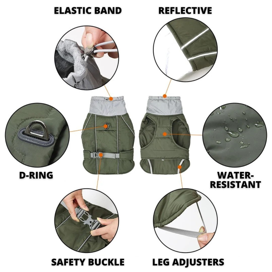 NEW Water-Resistant Dog Winter Coat With Reflective Strips, Adjustable Elastic Tighteners, & Safety Buckles