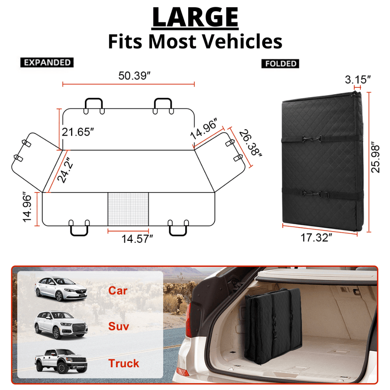 Large seat cover dimensions: 50.39 inch wide seat panel, 24.2 inch deep, folds to 25.98 by 17.32 inches